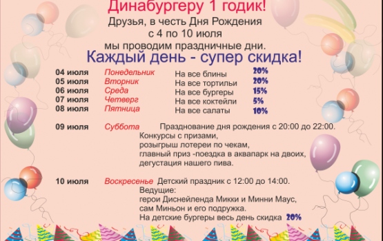 День рождения кафе «Динабургер» отмечает неделю